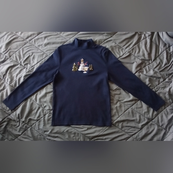 Women's Snowman Navy Blue 100% Cotton Christmas Mock Neck Long Sleeve Shirt - Picture 9 of 12
